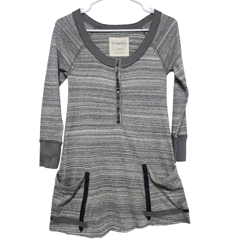 Free People We The Free Gray Marled Henley Thermal Tunic Top Boho Cozy XS
